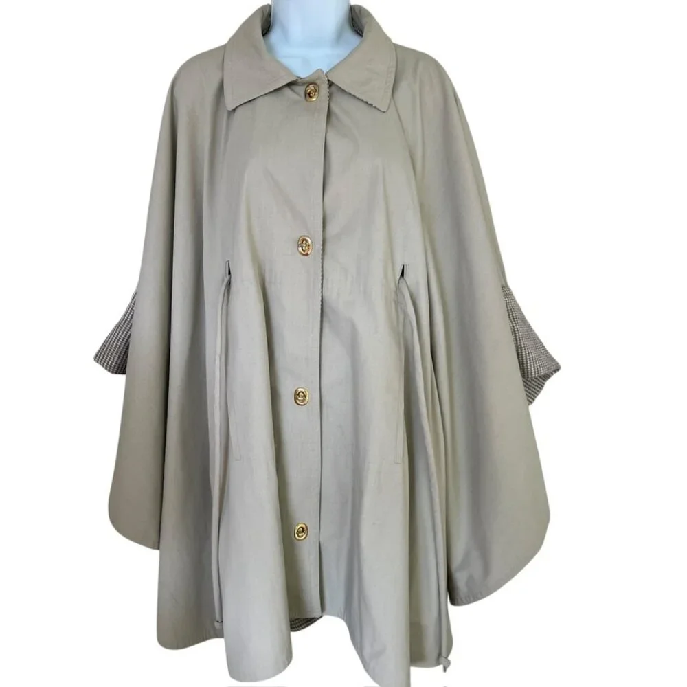 Bonnie Cashin cape khaki cream plaid wool lined waist tie turnlock closure coat
